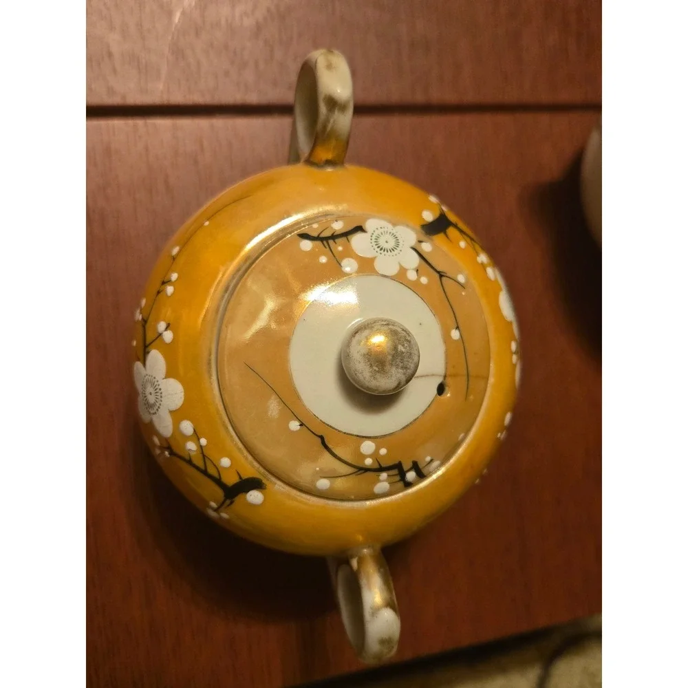 Vintage Lusterware Creamer and Sugar Bowl Set Orange Cherry Blossom Porcelain